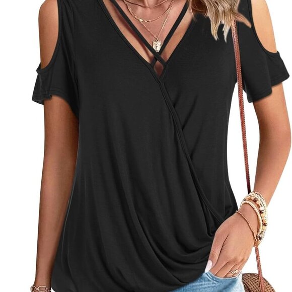 Womens Summer Cold Shoulder Tops Sexy Casual Short Sleeve Wrap V Neck T Shirts C - Picture 1 of 5
